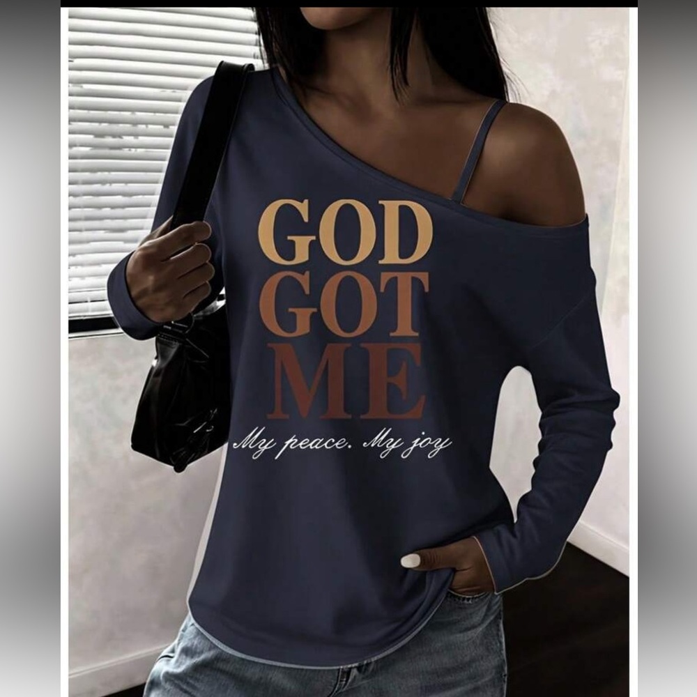 Off-Shoulder Navy Graphic Top - "God Got Me"